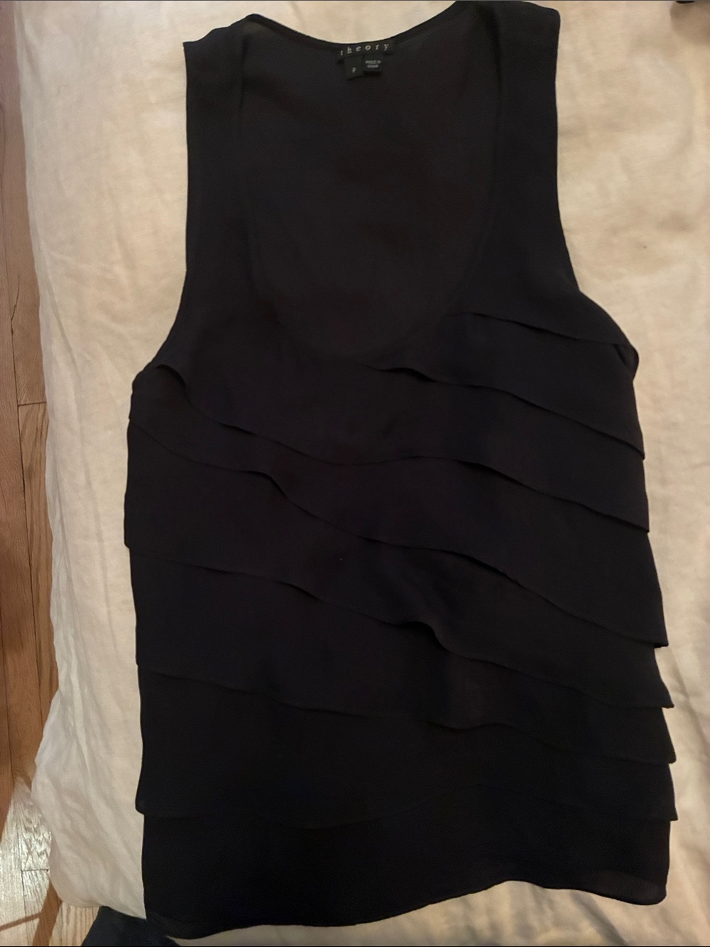 Theory Black Tiered Ruffle Sleeveless silk Tank Vintage 2010